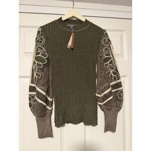 Conditions Apply Anthropologie Embroidered Balloon Sleeve Olive Green Sweater
